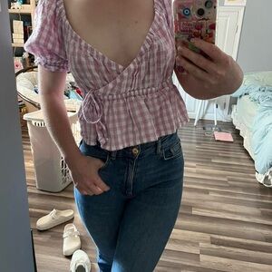 American Eagle Outfitters Pink Checkered Wrap Blouse
